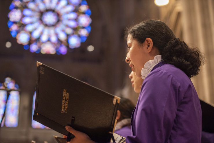 Choristers singing in the Great Choir during Evensong