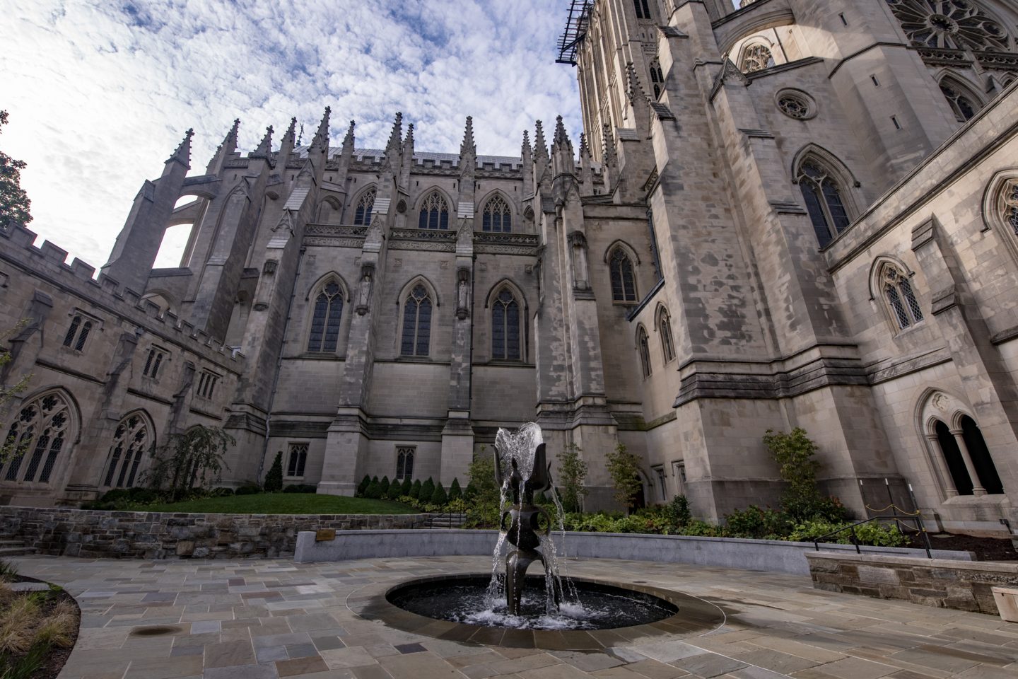 view of Cathedral from the Garth with modernist fountain at the center