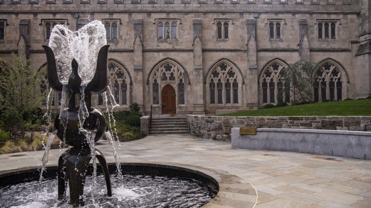 Cathedral garth with modernist fountain in the foreground